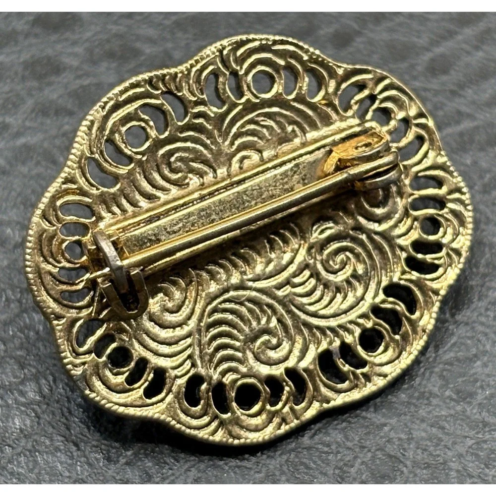 VTG 1928 Brand Victorian Revival Filigree Small Brooch Blue Cabochon Gold Tone